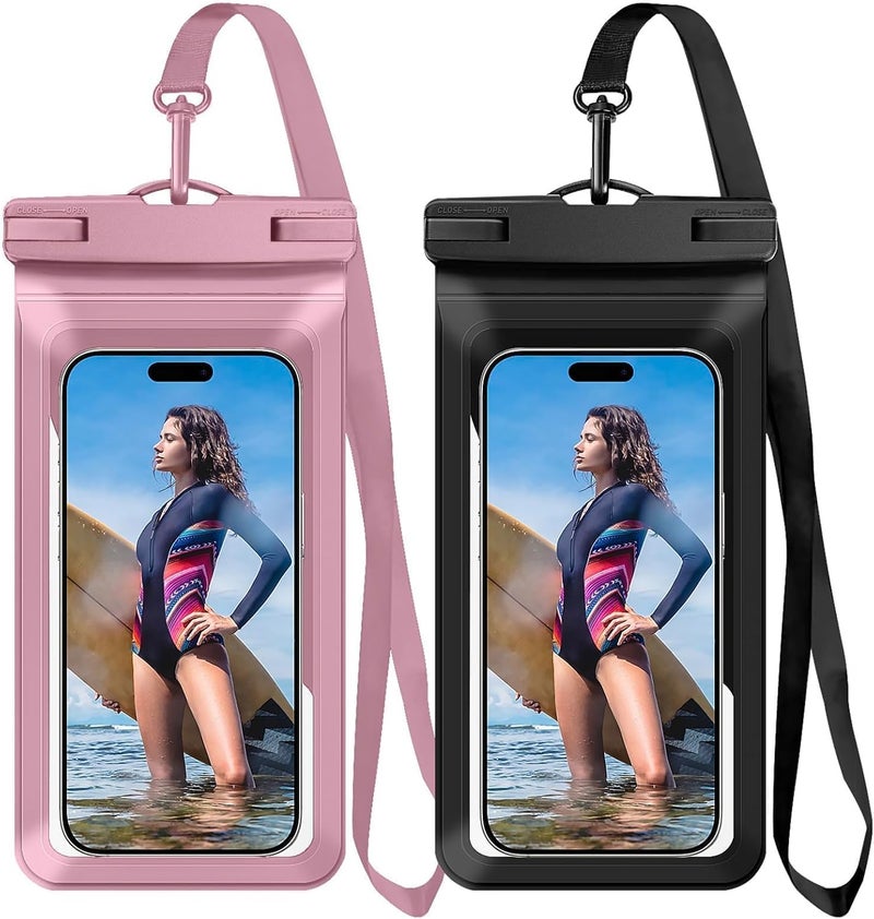 Vsagier Universal Waterproof Phone Case,with Inside Card Pack,Large Dry Bag Up to 8.3",Compatible with iPhone 17/16/15/14 Pro Max, IPX8 Cellphone Travel Beach Essentials for Beach, 2 Pack-Black &Pink - Image 1